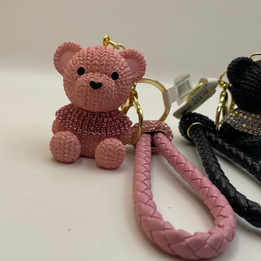 Rhinestone Teddy Bear Keychain Set Pink & Black | Bling Bag Charm Duo - Picture 4 of 7